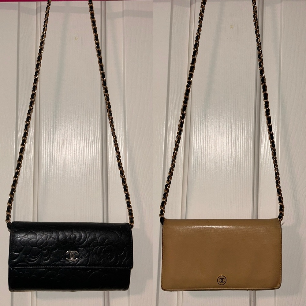 CHANEL Black and Tan Crossbody Wallets with Chain Strap